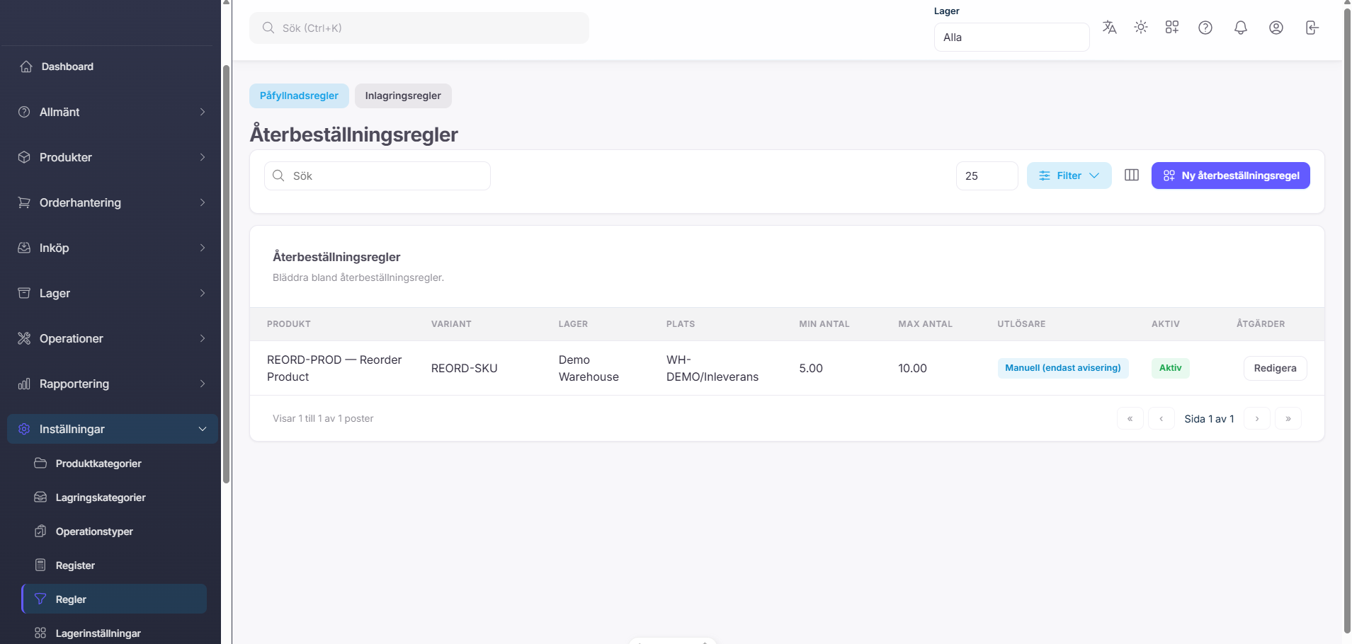 Reorder rules settings