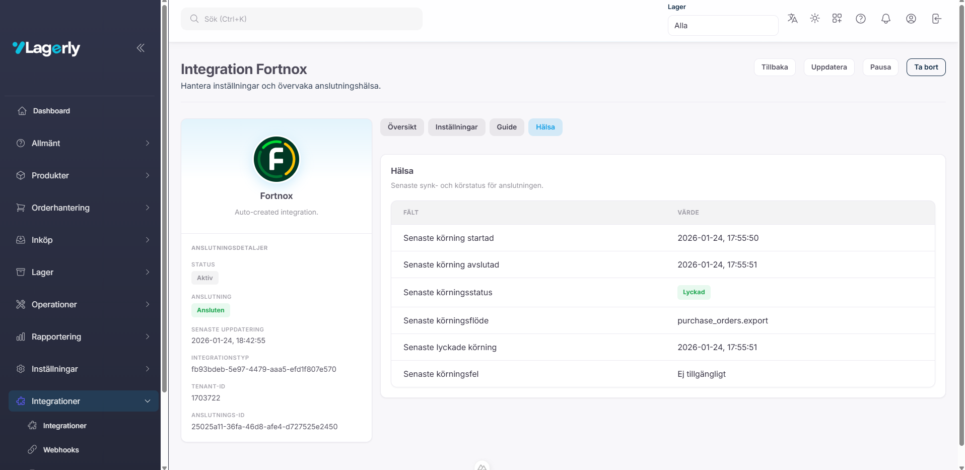 Integration settings screen