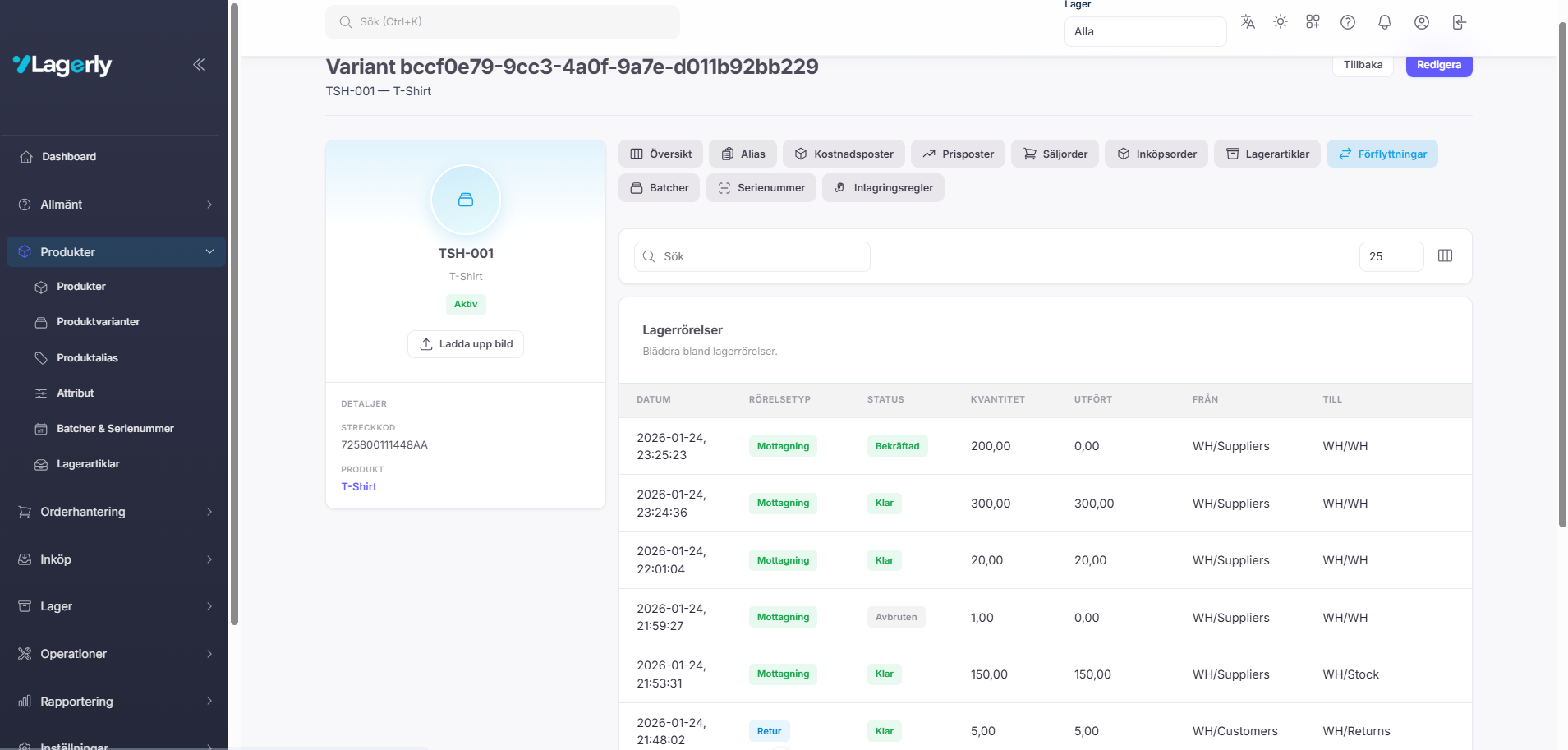 Product variant detail with barcodes